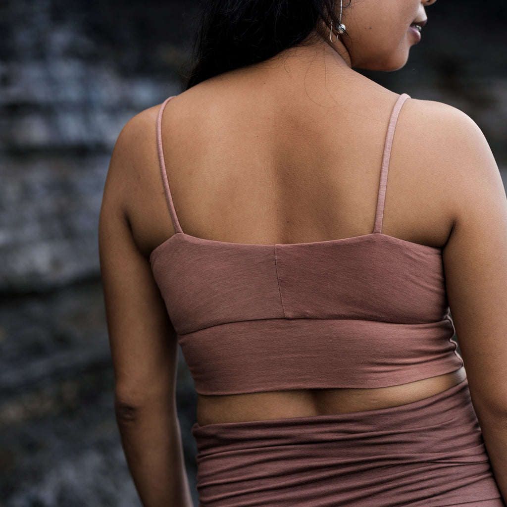 Back view of Sakti Rising Yogini Bralette in Cacao. Ethical sustainable yoga apparel. 