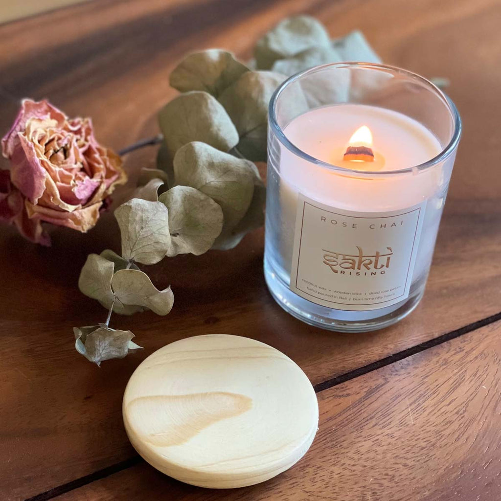 Sakti Rising candle, rose-chai scent. Sustainably and ethically sourced.