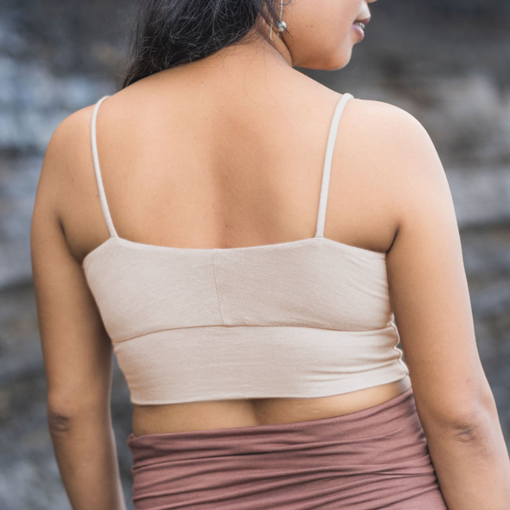 Sakti Rising Yogini Bralette in Oat. Sustainable, ethical yoga apparel made in Bali.
